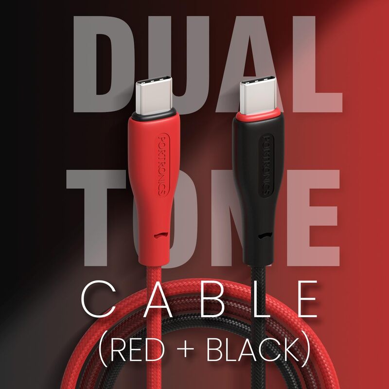 Portronics POR 3009 HUE X USB-C to USB-C Cable – 60W, Dual Tone, Braided, 1M, Black & Red