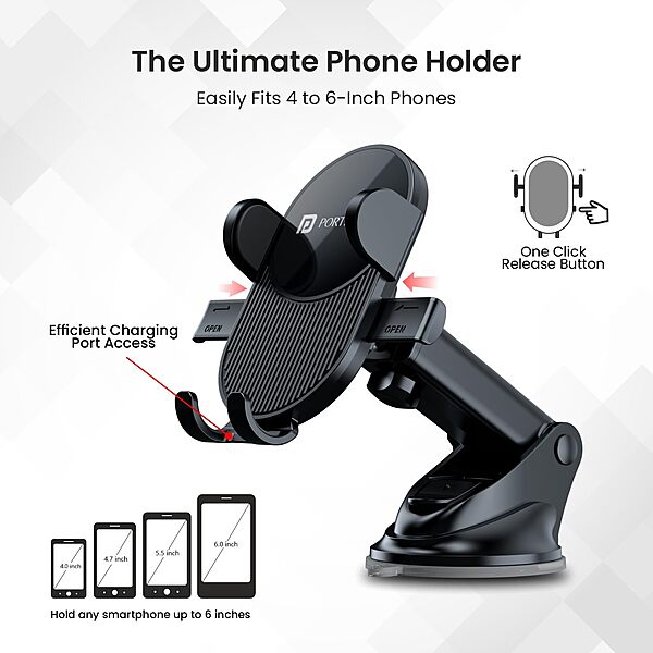 Portronics Clamp M3 Car Mobile Holder – Adjustable | 360° Rotation | Black | 1 Year Warranty