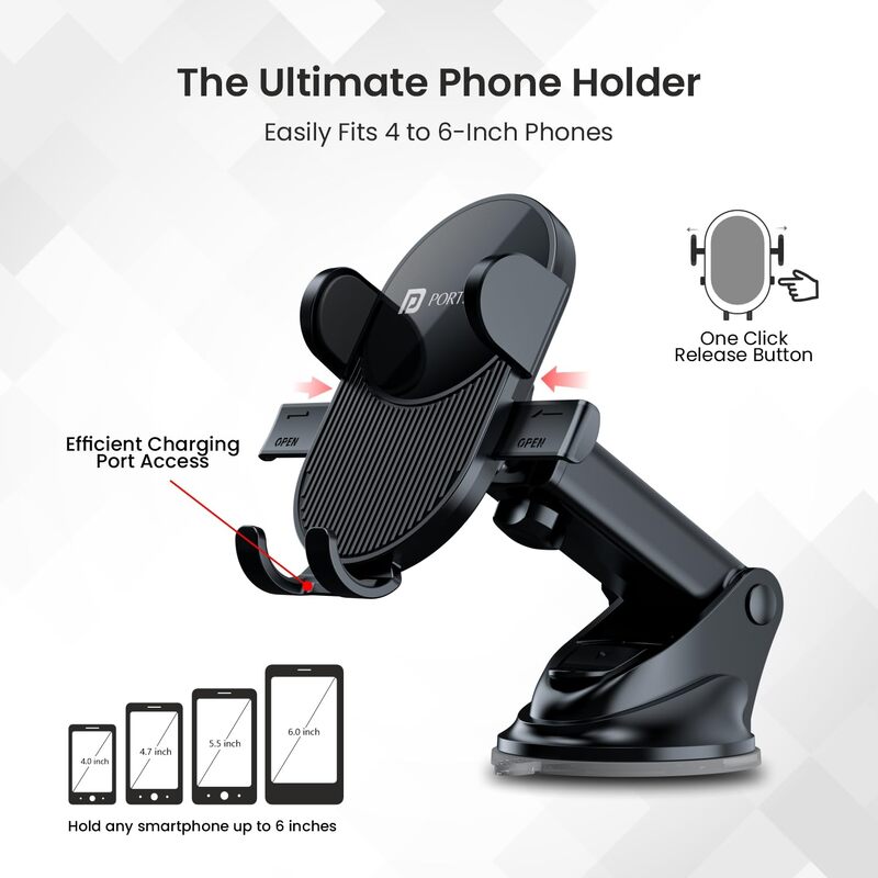 Portronics Clamp M3 Car Mobile Holder – Adjustable | 360° Rotation | Black | 1 Year Warranty
