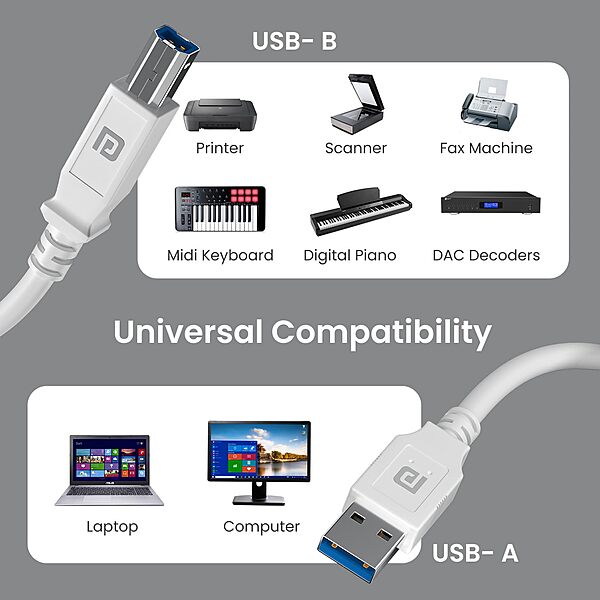 Portronics PrintLink 5 – USB-A to B Printer Cable, 5M, high-speed data transfer, durable design, compatible with various printers, ideal for home and office use, flexible and tangle-free.