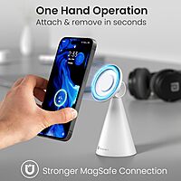 Portronics Mogun 5 – MagSafe Desk Phone Holder, White. Stylish and functional, it securely holds your phone while charging. Perfect for home or office use, keeping your workspace organized and tidy.