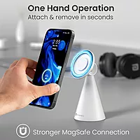 Portronics Mogun 5 – MagSafe Desk Phone Holder, White. Stylish and functional, it securely holds your phone while charging. Perfect for home or office use, keeping your workspace organized and tidy.