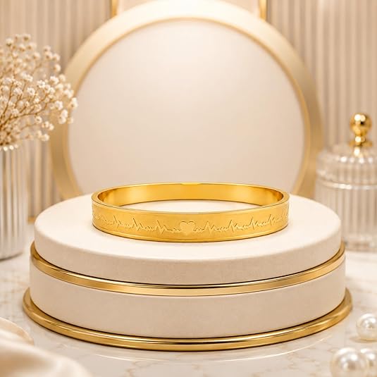 Love Heart Engraved Gold Plated Bangle for Women&men | Minimalist Designer Kada Bracelet