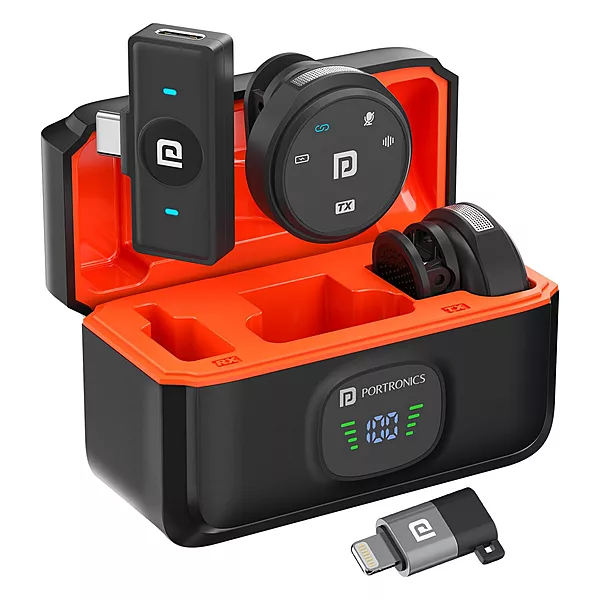 Portronics Vlogmate 3 Dual Wireless Collar Lapel Microphone – ENC Noise Cancellation | Charging Case | Type-C & 8 Pin Receiver | For iPhone, Android, Vlog, Streaming | Black