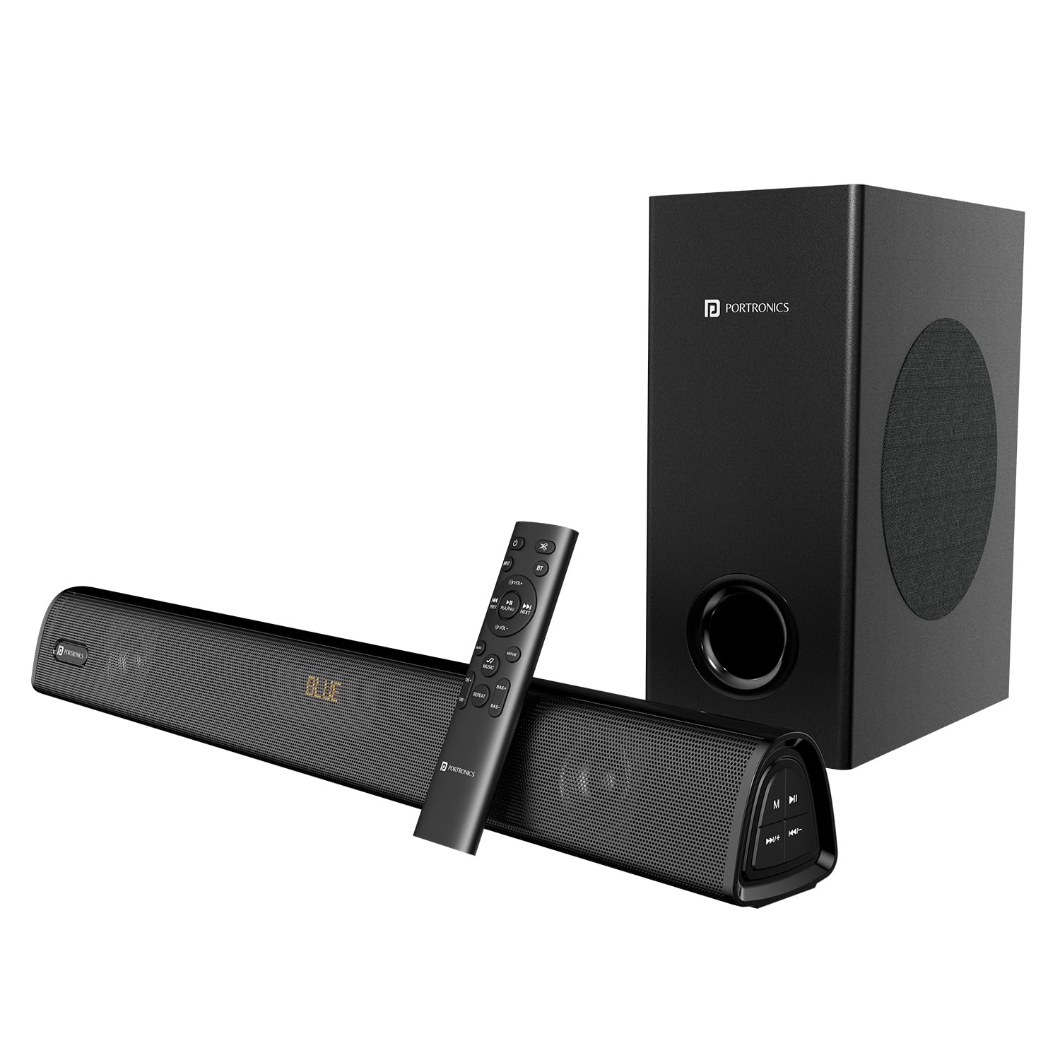 Portronics Pure Sound 106 – 120W 2.1 Home Theatre Soundbar delivers rich sound, powerful bass, stylish design, and versatile connectivity options.