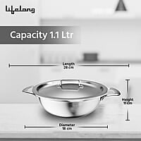 Lifelong LLTPDK004 Triply Deep Kadai with Riveted Handles with Stainless Steel Lid 2.1 litres Capacity 22 cm