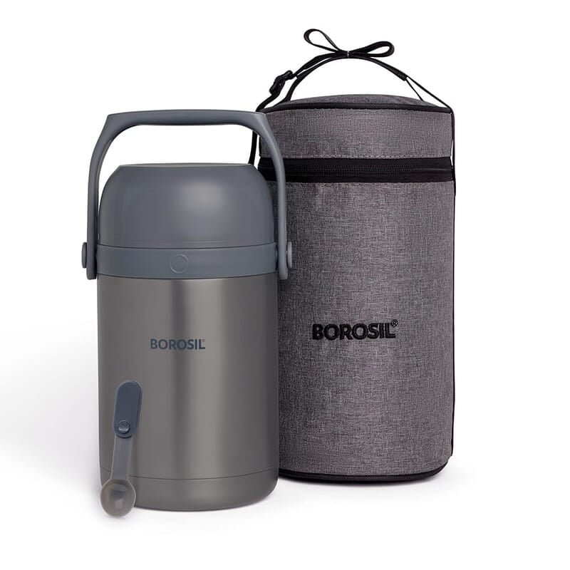 Borosil Hot-N-Fresh Prime Stainless Steel Insulated Lunch Box, Keeps Food Warm Upto 8 Hours, Set of 3 (1 Pc 420 ml + 2 Pcs 350 ml), Grey