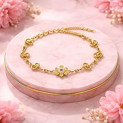 Impon Gold Plated Floral Bracelet for Women | Adjustable Hand Chain with Stone | Elegant Daily Wear Gold Finish Jewelry