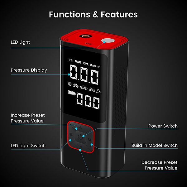 Portronics Vayu 2.0 Rechargeable Tyre Inflator – 150 PSI Pressure | 6000 mAh Battery | Preset Modes | Digital Display | Flashlight Torch | Air Pump Compressor for Car, Bike, Cycle | Black