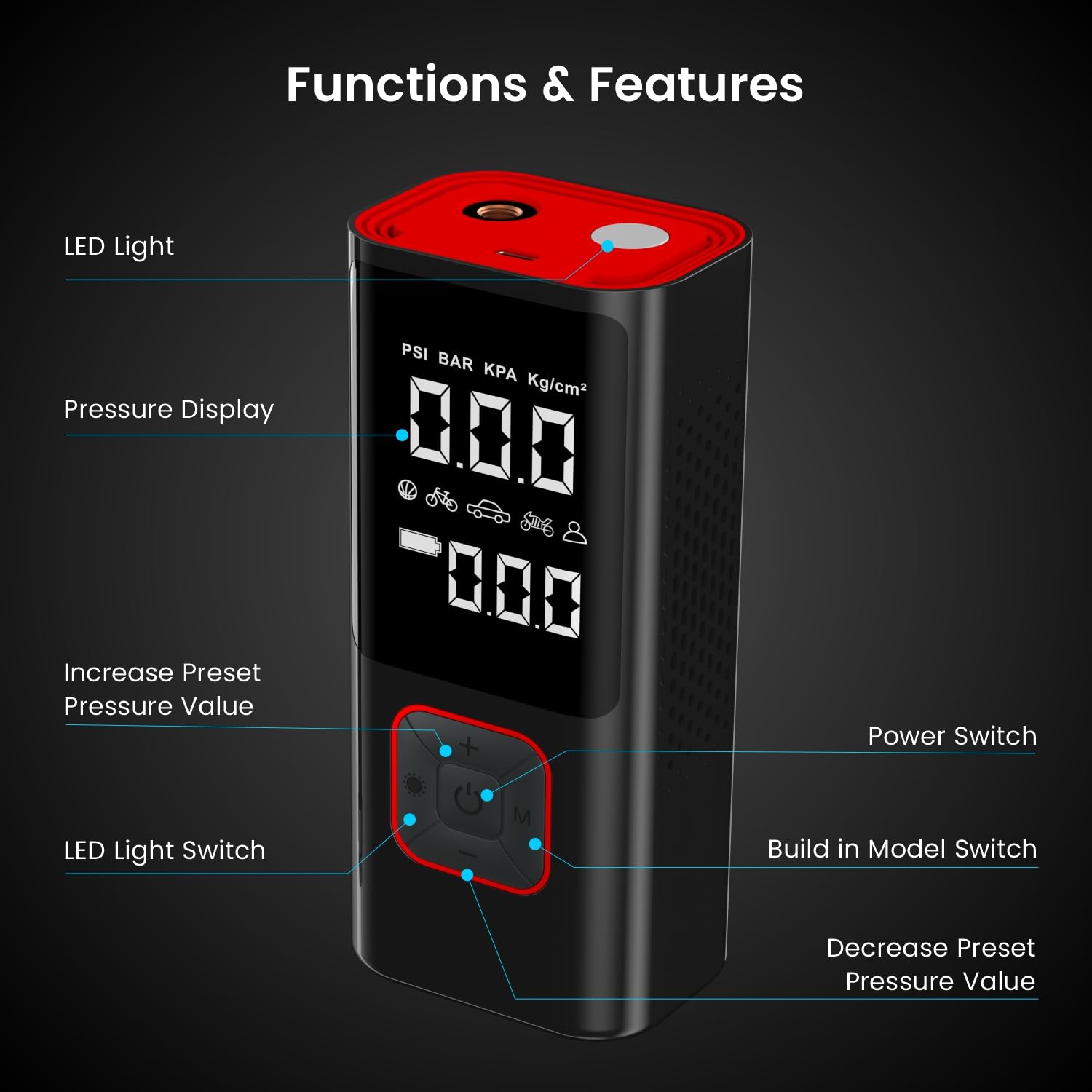 Portronics Vayu 2.0 Rechargeable Tyre Inflator – 150 PSI Pressure | 6000 mAh Battery | Preset Modes | Digital Display | Flashlight Torch | Air Pump Compressor for Car, Bike, Cycle | Black