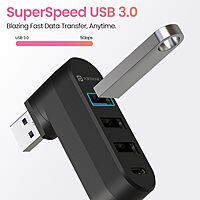 Portronics MPort Spin Black – 4-in-1 USB Hub, Type-C. Compact design, 4 ports for seamless connectivity. Ideal for laptops and devices. Fast data transfer and charging capabilities.