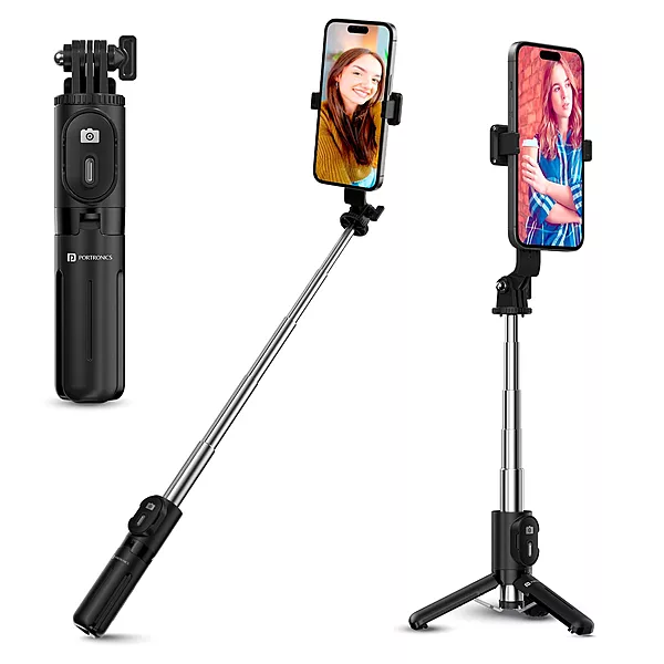 Portronics Lumistick Mini – 3-in-1 Selfie Stick, Black. Compact design, built-in LED light, and Bluetooth remote. Perfect for selfies, group photos, and video calls. Lightweight and portable.