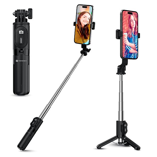 Portronics Lumistick Mini – 3-in-1 Selfie Stick, Black. Compact design, built-in LED light, and Bluetooth remote. Perfect for selfies, group photos, and video calls. Lightweight and portable.