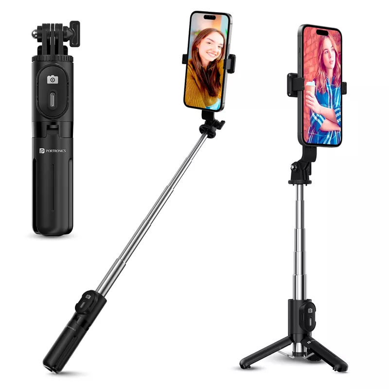Portronics Lumistick Mini – 3-in-1 Selfie Stick, Black. Compact design, built-in LED light, and Bluetooth remote. Perfect for selfies, group photos, and video calls. Lightweight and portable.