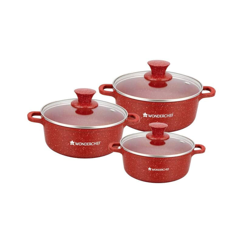 Wonderchef Granite Die-Cast Non-Stick 6-Piece Casserole Set with Lids Red