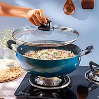Borosil ProChef Non-Stick Aluminum Kadhai with Lid 24 cm | Gas Stove Compatible, Thick Uniform Body for Even Heating, Dishwasher Safe | 5 Layer Nonstick Coating, PFOA Free | 1 Year Warranty | Blue