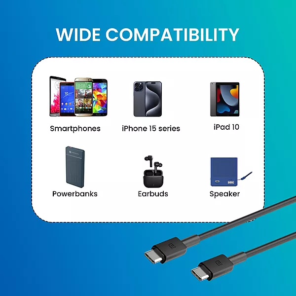 Portronics POR 2116 Konnect Link C-Square Type-C to Type-C Cable – 60W, 1M, PVC, Black