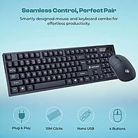 Lapcare WL‑102 combo: 104‑key spill‑resistant wireless keyboard, optical mouse (800–1600 DPI), low‑battery LED alert, USB nano‑receiver & power‑saving mode.