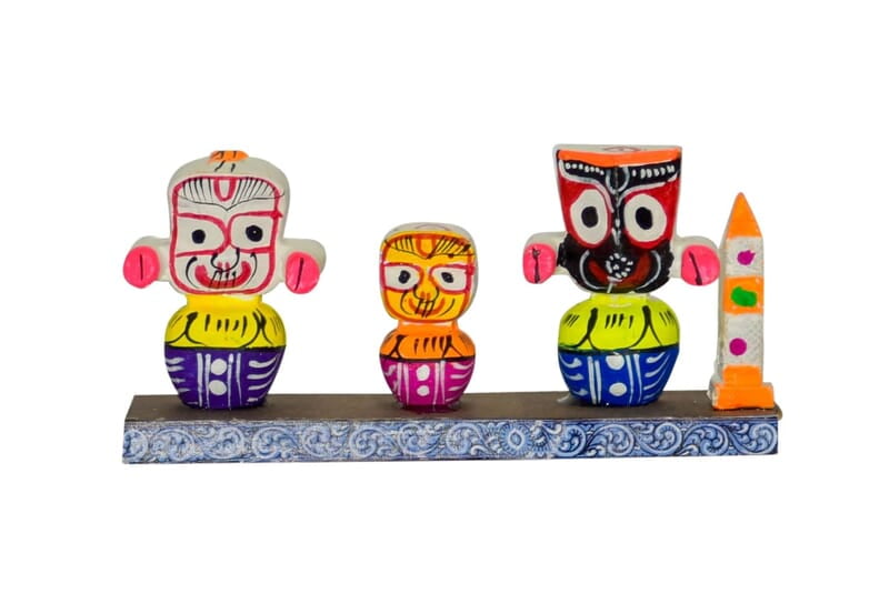 EELIKA Handcrafted Wooden Jagannath Idol Set, Multicolour for home and car dashboard || table top || Dimensions: 12cm x 3cm x 6cm
