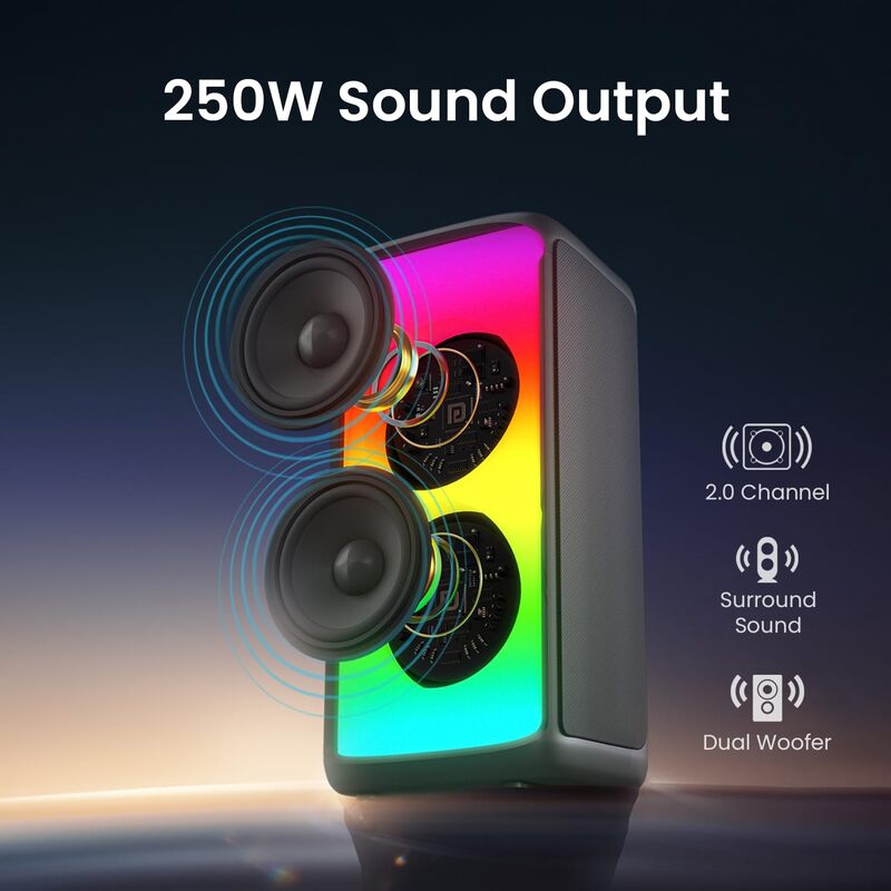 Portronics Iron Beats 250W Party Speaker | Vibrant LED Lights, Karaoke Features & Immersive Audio for Fun Gatherings