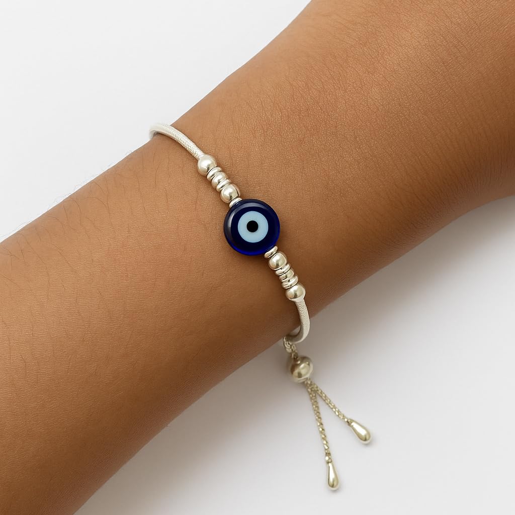 Sterling Silver Adjustable Evil Eye Bracelet for Girls and Women Free Size