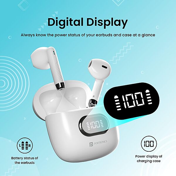 Portronics Twins S9 – TWS Earbuds, 30H Playtime, Digital Display, Bluetooth 5.0, Touch Control, Noise Isolation, Comfortable Fit, White Color, Perfect for Music & Calls, Lightweight Design.