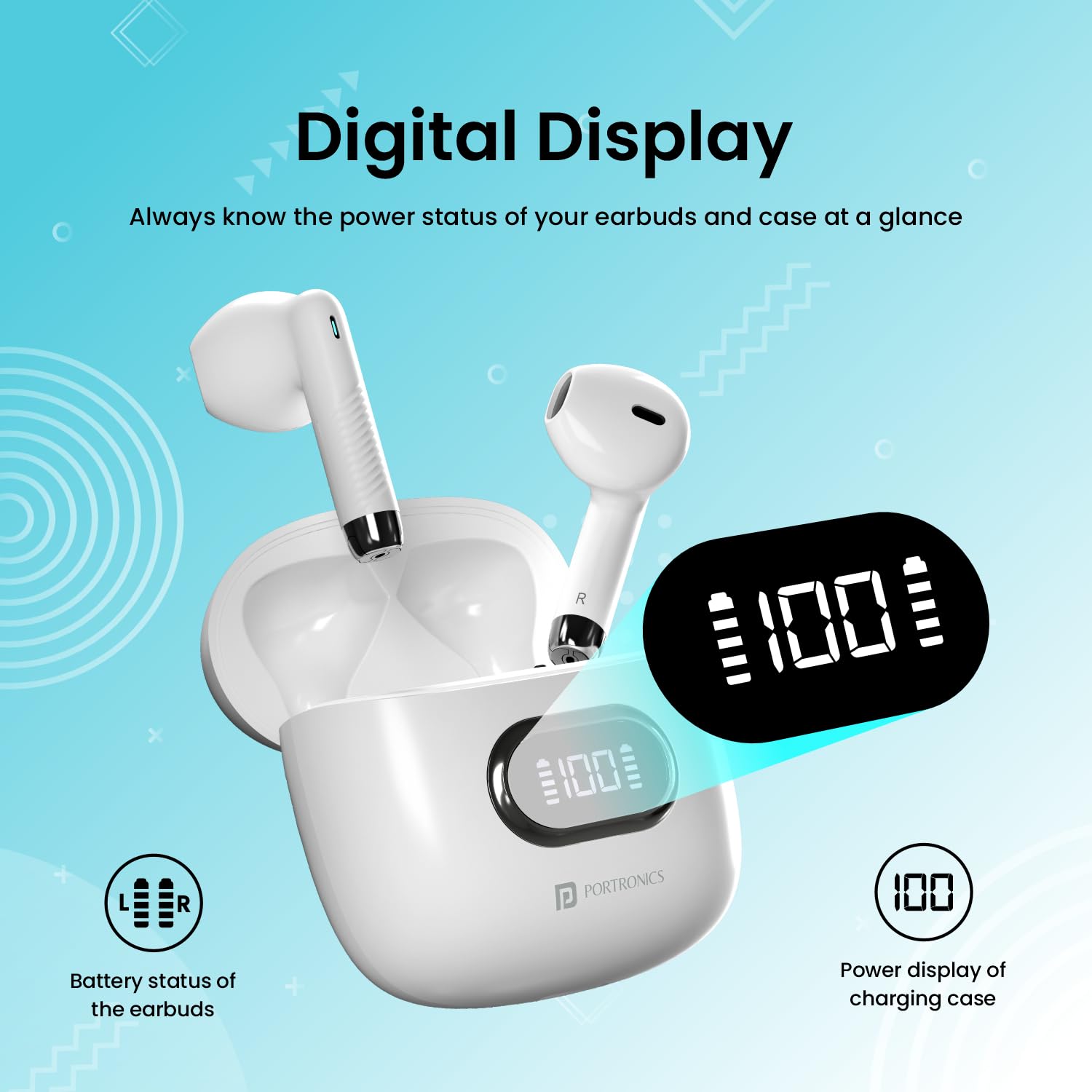 Portronics Twins S9 – TWS Earbuds, 30H Playtime, Digital Display, Bluetooth 5.0, Touch Control, Noise Isolation, Comfortable Fit, White Color, Perfect for Music & Calls, Lightweight Design.