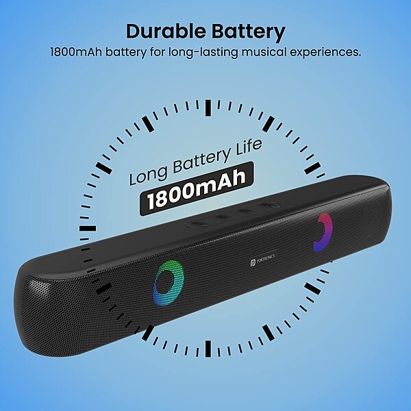 Portronics Decibel 21 – 10W Soundbar. Powerful audio, LED lights & FM radio. Compact design perfect for TV sound & wireless music.