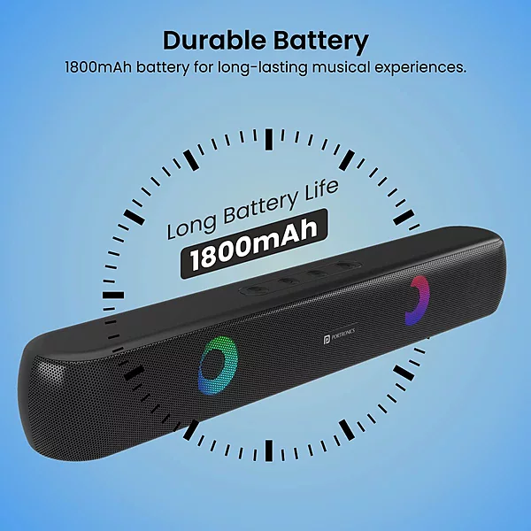 Portronics Decibel 21 – 10W Soundbar. Powerful audio, LED lights & FM radio. Compact design perfect for TV sound & wireless music.