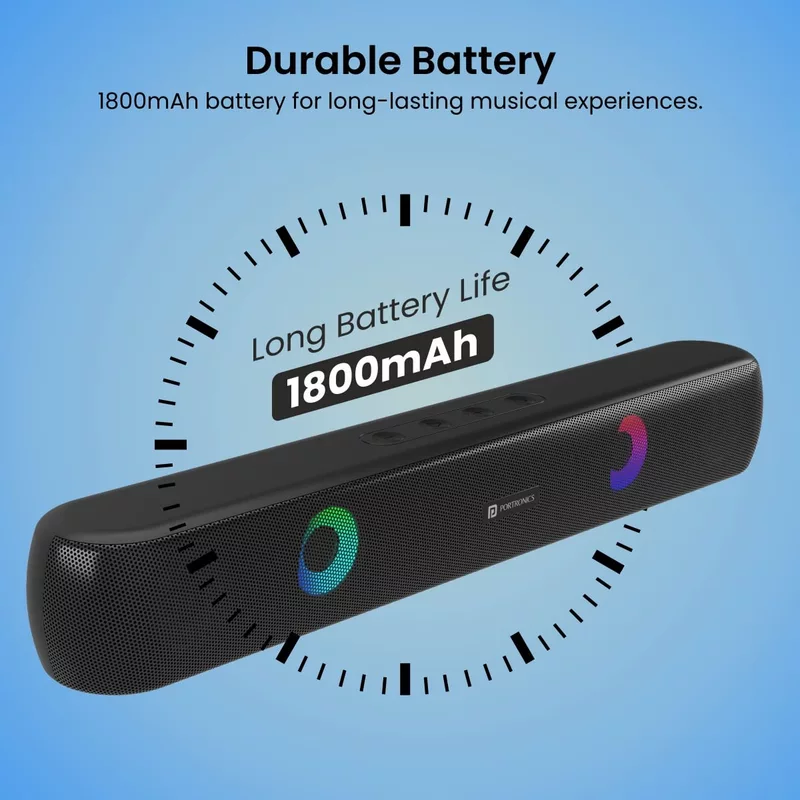 Portronics Decibel 21 – 10W Soundbar. Powerful audio, LED lights & FM radio. Compact design perfect for TV sound & wireless music.