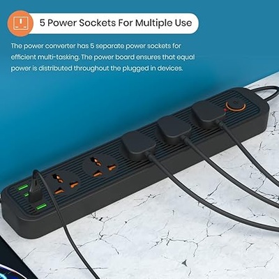 Portronics Power Plate 6 with 4 USB Port + 5 Power Sockets Extension Board, 2500W Power Converter, Cord Length 3Mtr (Black) Portronics Power Plate 6 with 4 USB Port + 5 Power Sockets Extension Board, 2500W Power Converter, Cord Length 3Mtr (Black)
