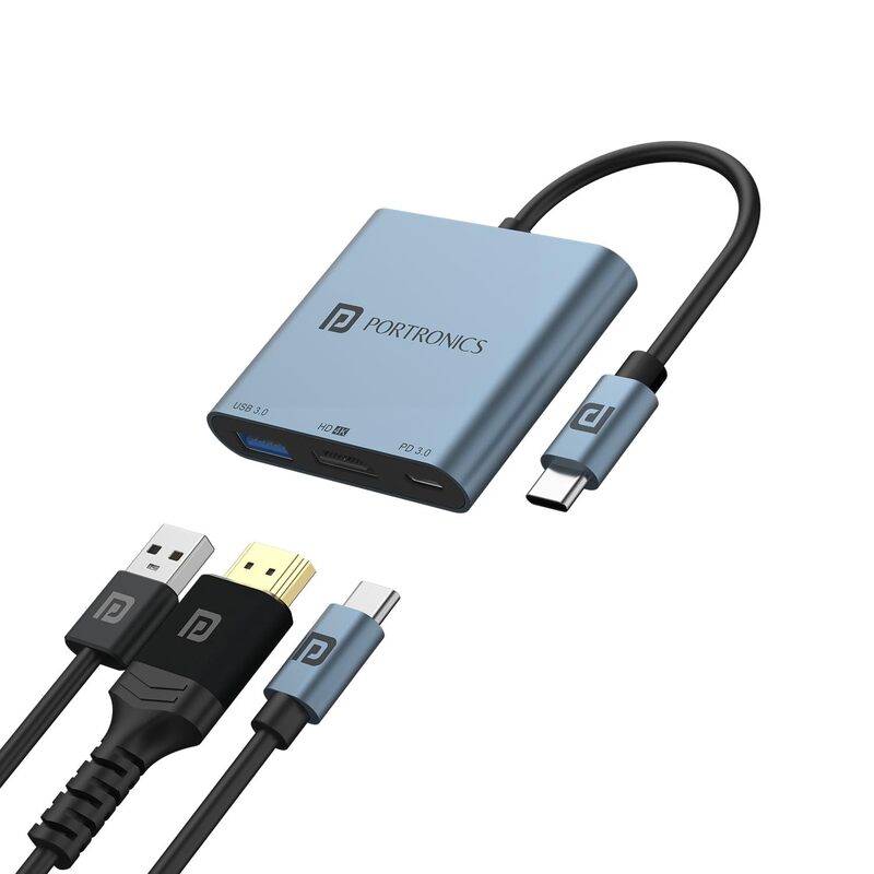Portronics C-Konnect Plus is a versatile 3-in-1 USB-C HDMI adapter that supports 4K video output, USB 3.0 data transfer, and charging. Perfect for connecting devices to displays seamlessly.