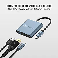 Portronics C-Konnect Plus is a versatile 3-in-1 USB-C HDMI adapter that supports 4K video output, USB 3.0 data transfer, and charging. Perfect for connecting devices to displays seamlessly.