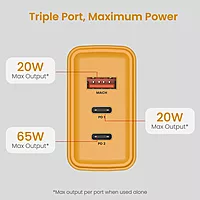Portronics Adapto 65M 65W Triple Port GaN Fast Charger | Dual Type-C PD + USB-A Yellow