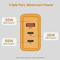 Portronics Adapto 65M 65W Triple Port GaN Fast Charger | Dual Type-C PD + USB-A Yellow