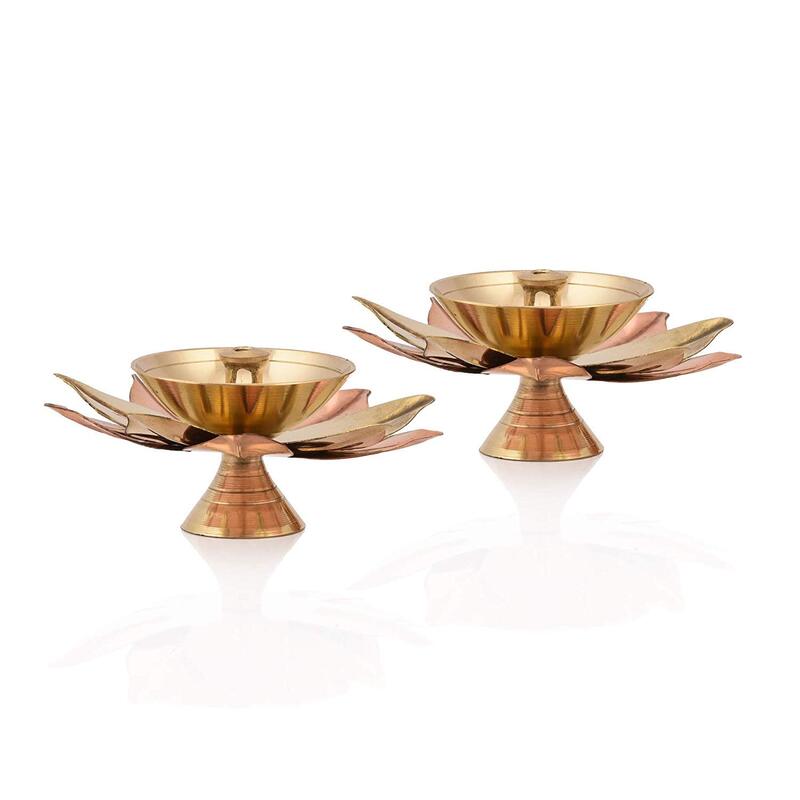 Collectible India Set of 8 Brass Diya for Puja Oil Lamp Lotus Shape - Deepak for Pooja Diwali Decoration Items - Diwali Gift - Return Gift