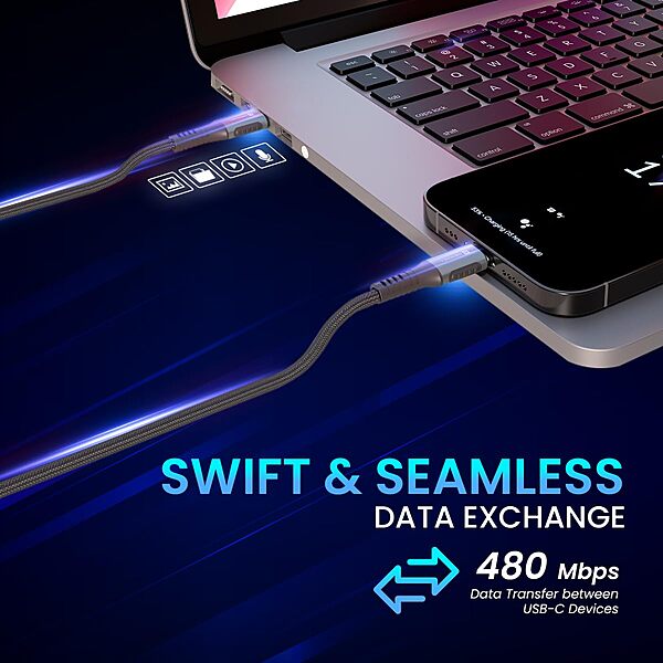 Portronics POR 2034 Konnect 240C Type-C to Type-C Braided Cable – 240W, 1.2M, Metallic Heads, Black