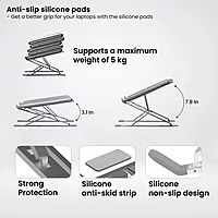 Portronics My Buddy K Pro Ergonomic Laptop Stand – Silver offers adjustable height, sturdy design, and portability. Ideal for comfortable typing and cooling, enhancing your workspace efficiency.