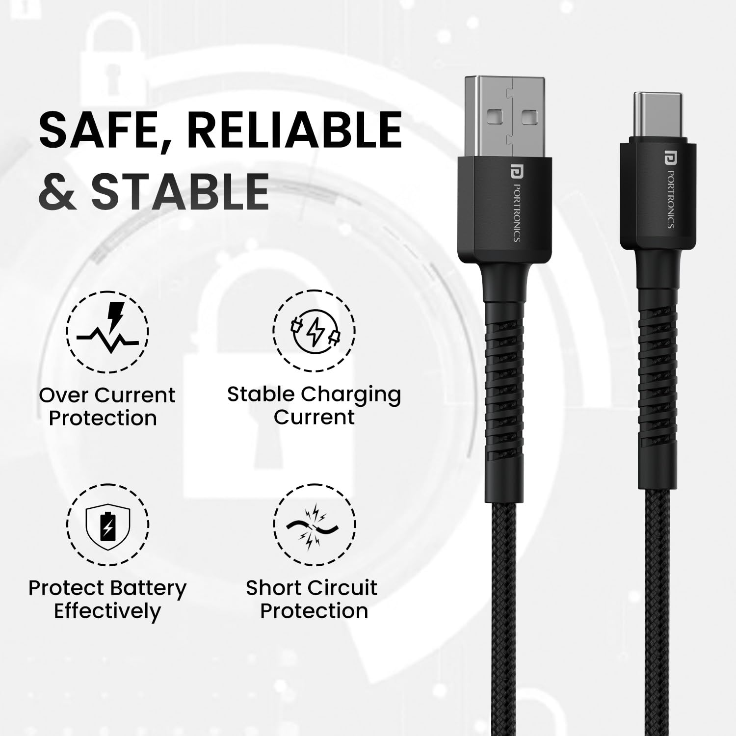 Portronics Konnect X – 3A USB to Type-C Cable, 2M Black, durable and fast charging, perfect for data transfer and charging devices, tangle-free design, compatible with various Type-C devices.