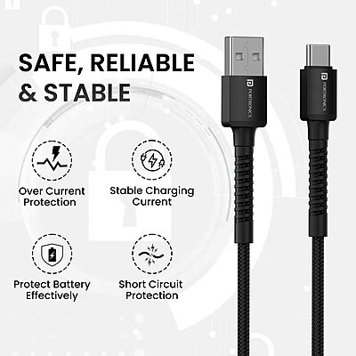 Portronics Konnect X – 3A USB to Type-C Cable, 2M Black, durable and fast charging, perfect for data transfer and charging devices, tangle-free design, compatible with various Type-C devices.
