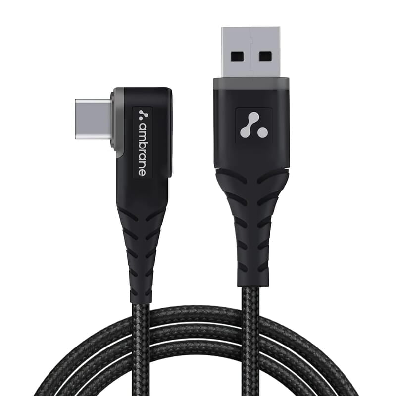 Ambrane Type C Mobile Charging Cable 3A Fast Charging, 1 Meter, L Shaped Braided Cable, 480Mbps