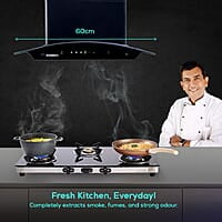 Wonderchef Ultima C-Line 60cm 1400 m3/hr Auto Clean Curved Glass Chimney 1400M3/Hr powerful suction