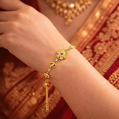Impon Gold Plated Floral Bracelet for Women | Adjustable Hand Chain with Stone | Elegant Daily Wear Gold Finish Jewelry