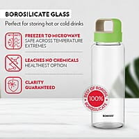 Borosil Crysto Glass Water Bottle, Water Bottle for Fridge Wide Mouth Borosilicate Glass Extreme Temperature Resistant For Hot & Cold Water, Milk, Lassi, Juice, Green Lid 750 ml, Stylish & Transparent