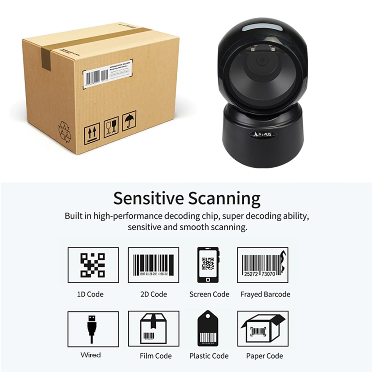 Atpos AT-9300D 2D 1D Desktop Barcode Scanner | USB Wired