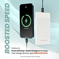 Ambrane 10000mAh Slim Power Bank, 20W Fast Charging, Dual Output, Type C PD (Input & Output), Quick Charge