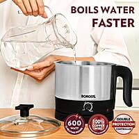 Borosil 1 L 600W Stainless Steel Omni Electric Kettle with Egg and Momo Tray | Water Heater Jug | Auto Cut-off, Overheat & Dry Boil Protection | Multipurpose Kettle | 1 Year Warranty
