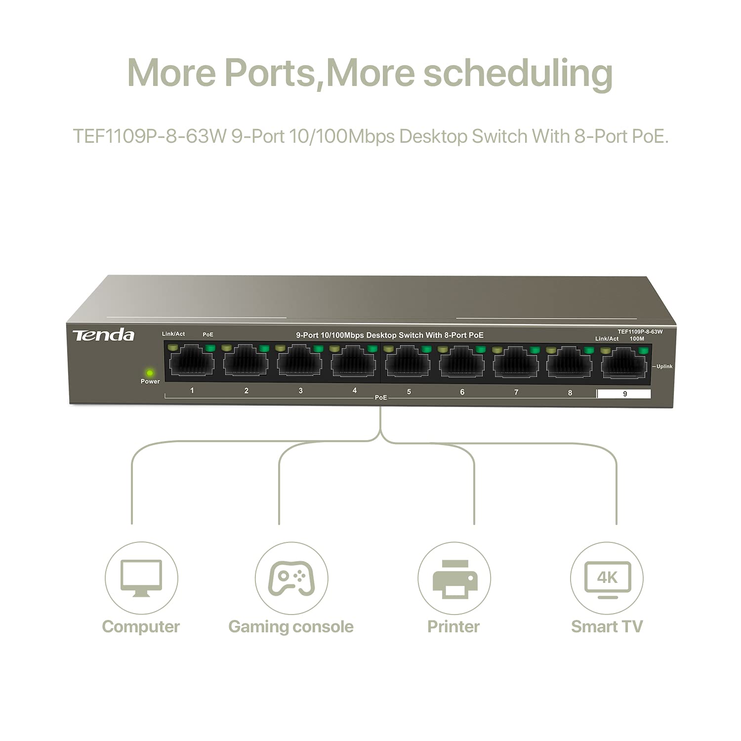Tenda TEF1109P-8-63W 9-Port Desktop Switch With 8-Port PoE