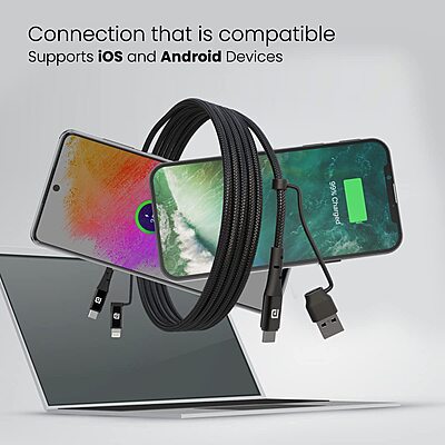 Portronics Konnect J8 – 3-in-1 60W Fast Charge Cable, 1.2M. Versatile charging solution for multiple devices. Durable design, high-speed charging, and convenient length for easy use.