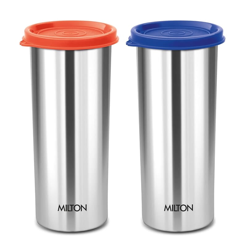 MILTON Stainless Steel Tumbler with Lid Set of 2, 530 ml Each, Assorted (Lid Color May Vary)